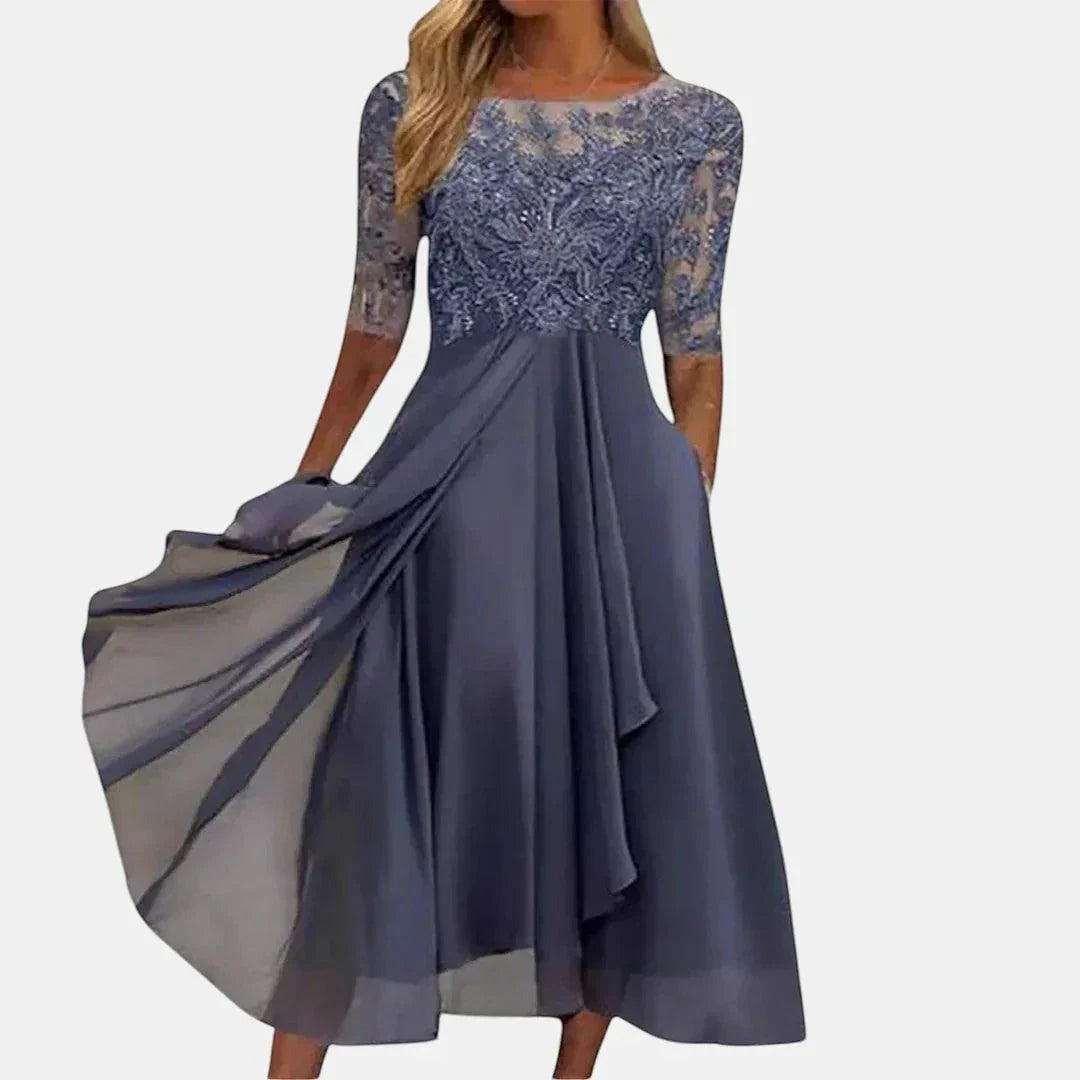 Women's Lace Wedding Guest Midi Dress with Long Sleeves - photo 5