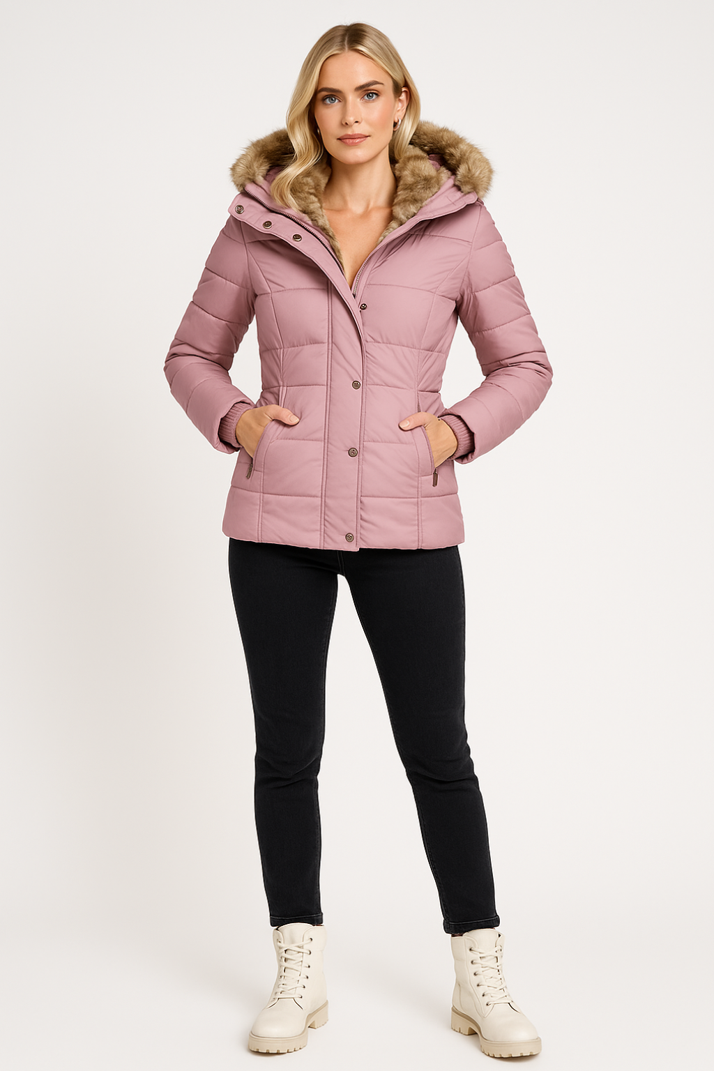 Piumino invernale da donna, cappotto termico imbottito con cappuccio in pelliccia