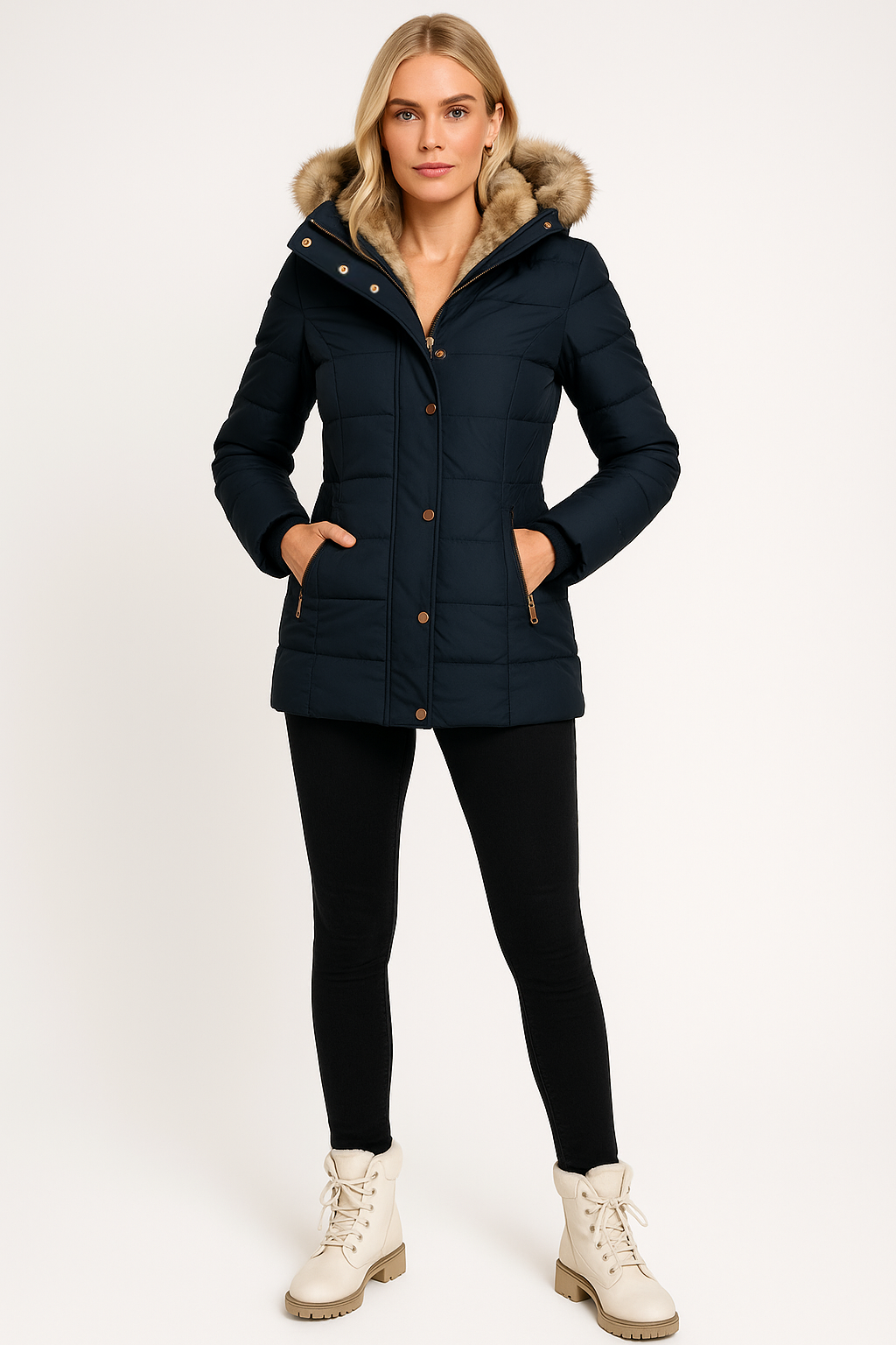 Piumino invernale da donna, cappotto termico imbottito con cappuccio in pelliccia