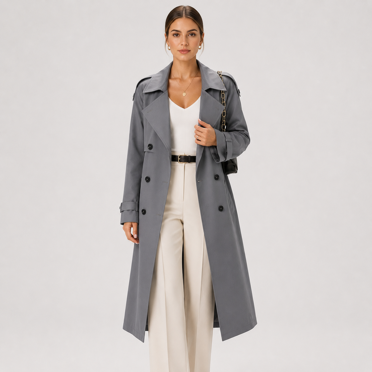 Women's Long Trench Coat Double Breasted Belted Classic Outerwear
