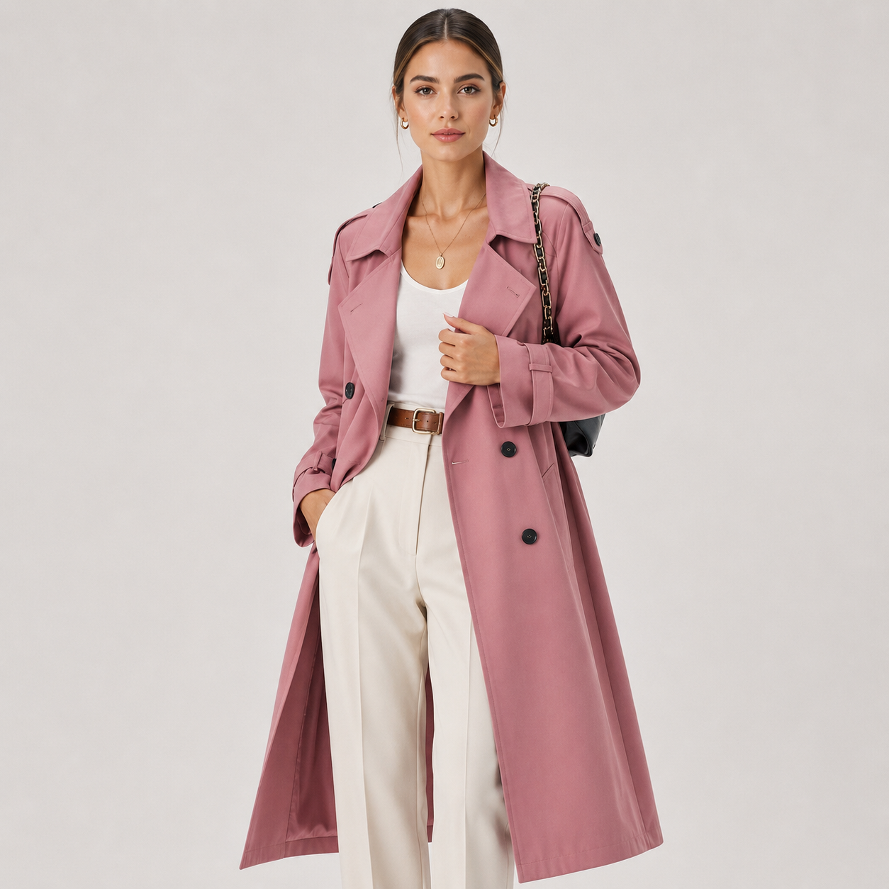 Women's Long Trench Coat Double Breasted Belted Classic Outerwear