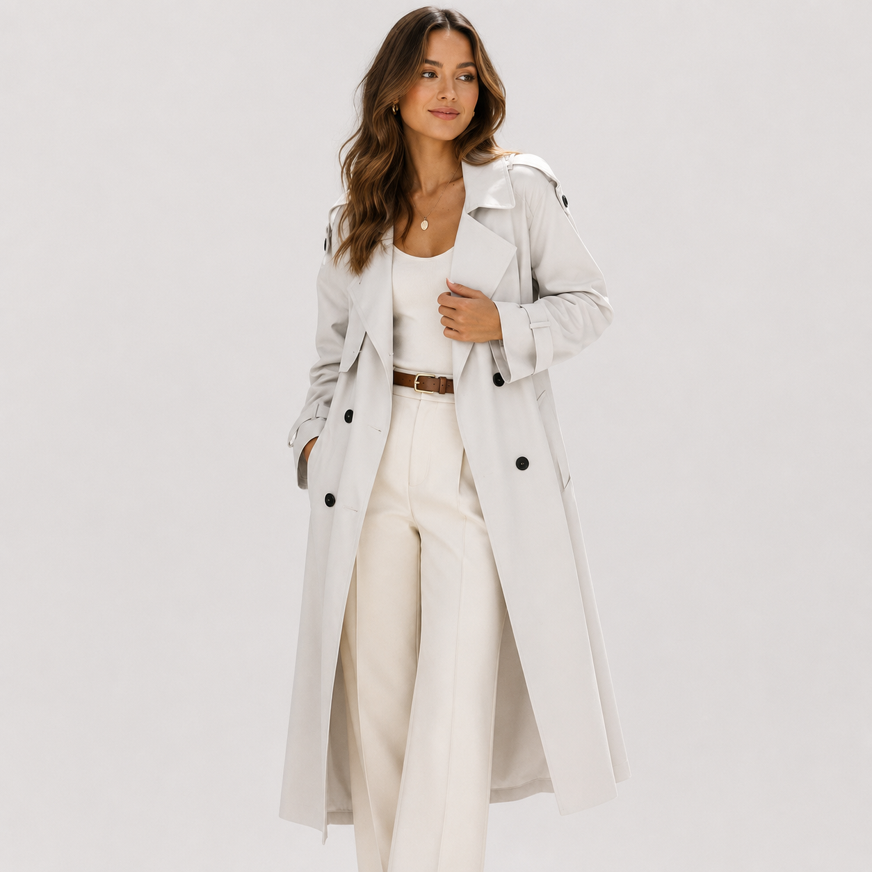 Women's Long Trench Coat Double Breasted Belted Classic Outerwear