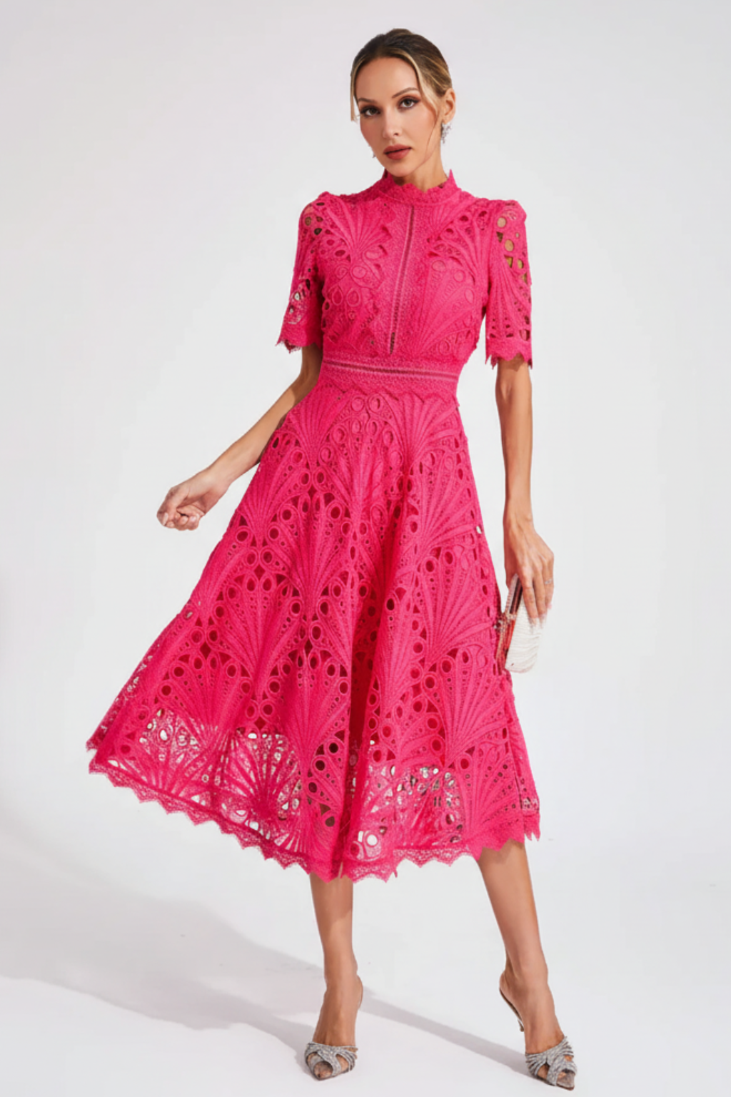 Rochie midi elegantă mulată din dantelă, cu guler înalt și mânecă scurtă, pentru petrecere, pentru femei