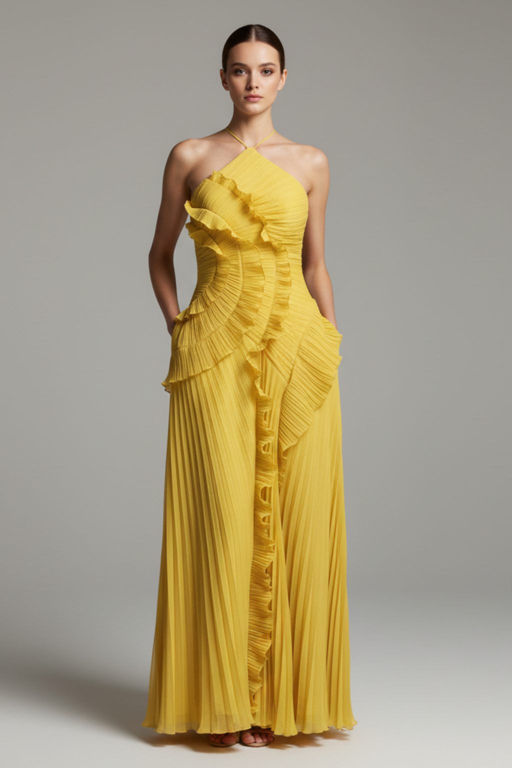 Rochie maxi care avantajează, cu margine în formă de lotus, pentru femei