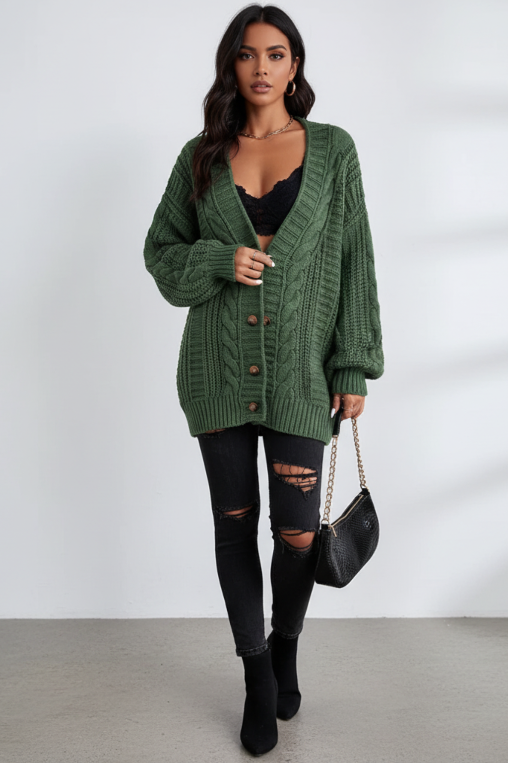 Cardigan oversize tricotat cu model împletit, pentru femei