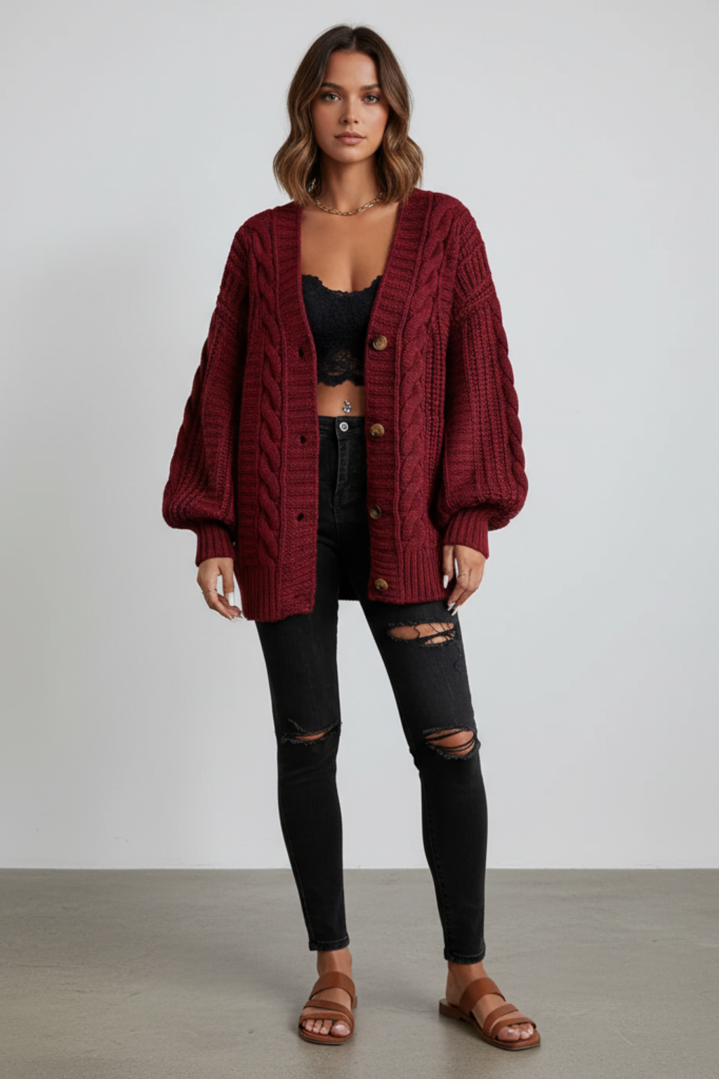 Cardigan oversize tricotat cu model împletit, pentru femei