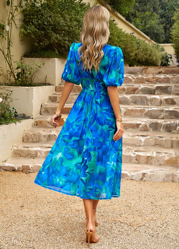 Women’s Printed Midi Dress with V-neck and Puff Sleeves