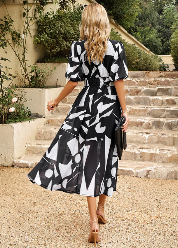 Women’s Printed Midi Dress with V-neck and Puff Sleeves