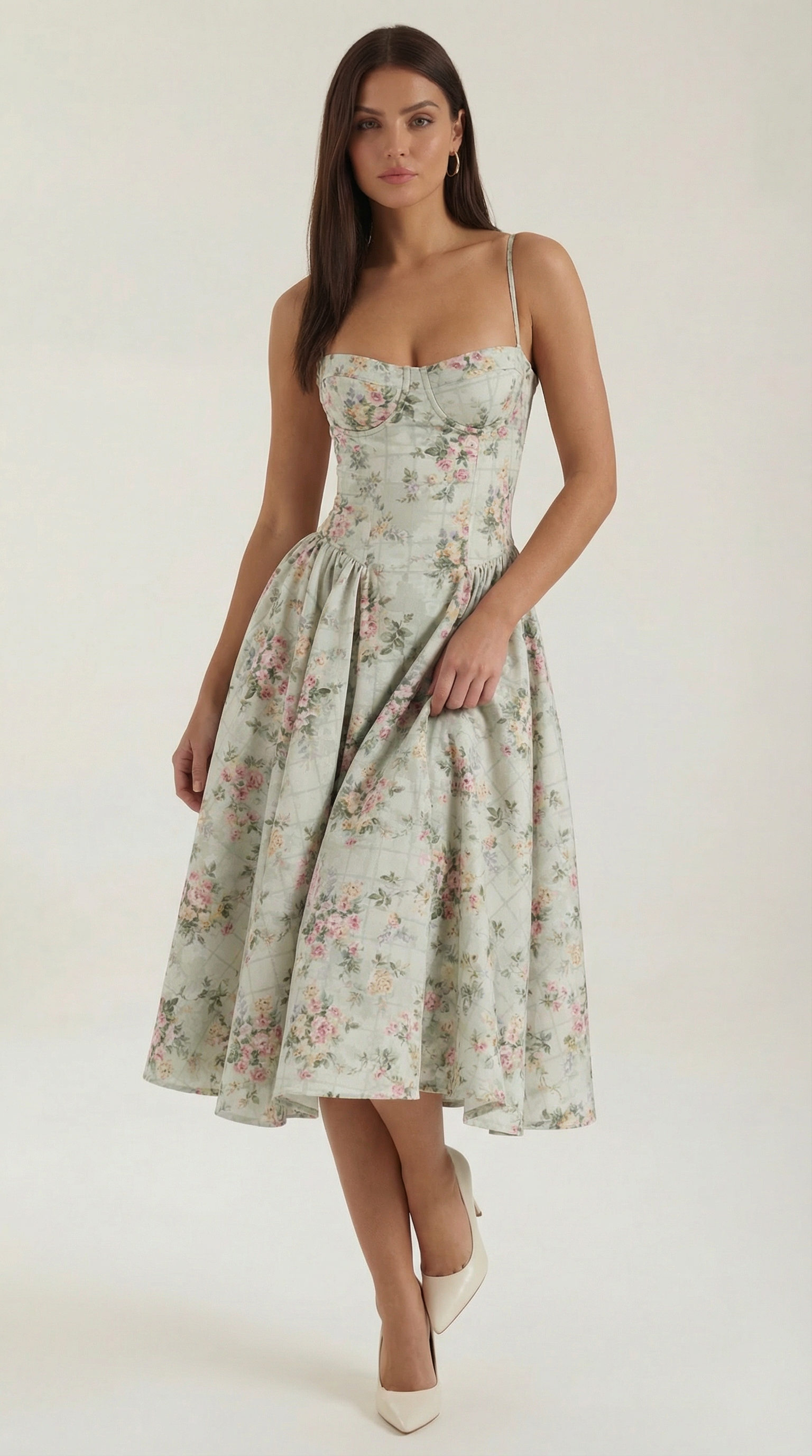 Women's Corset Midi Dress | Floral Print & Sweetheart Neckline