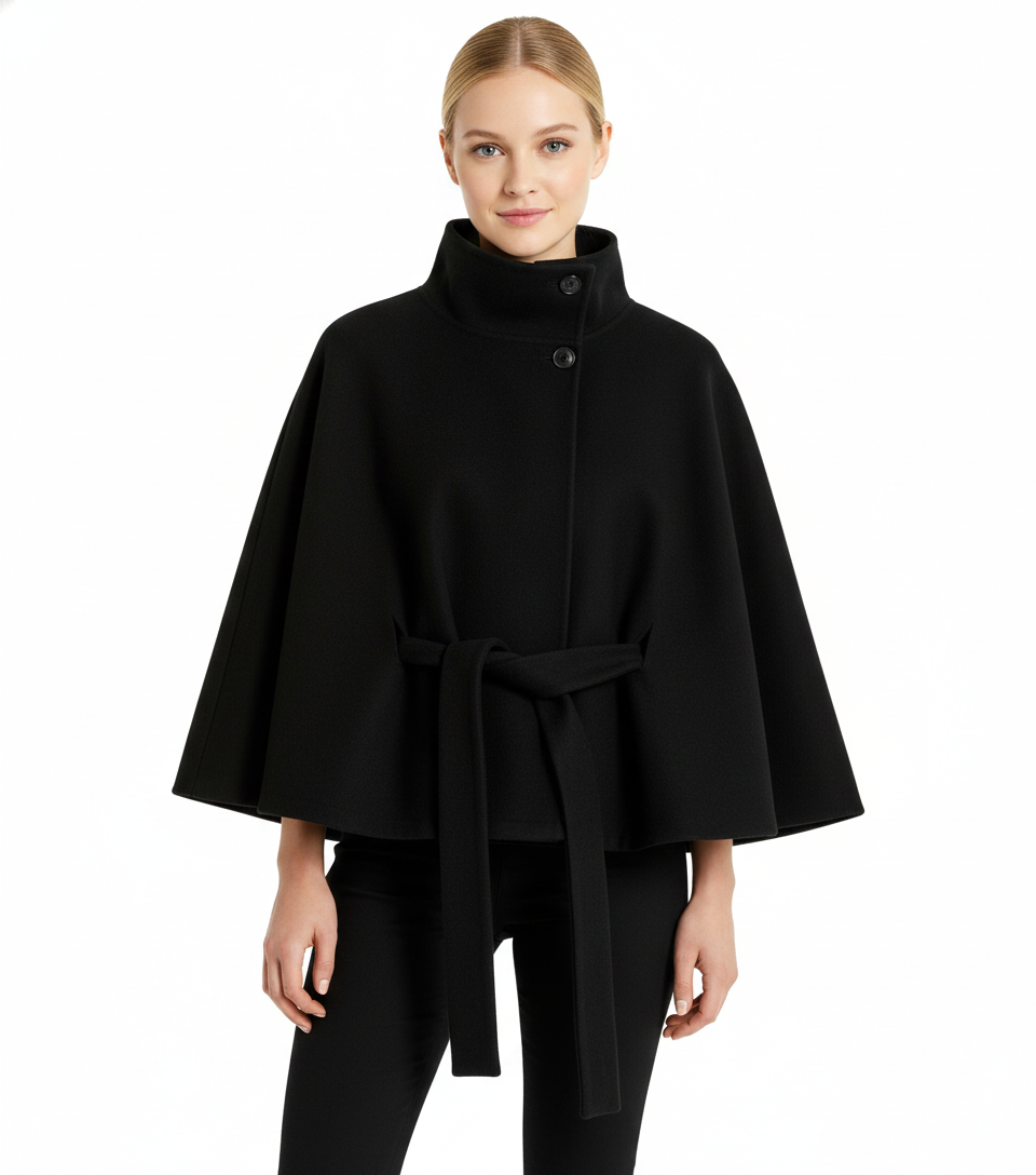 Women's Belted Wool Cape Coat with High Collar