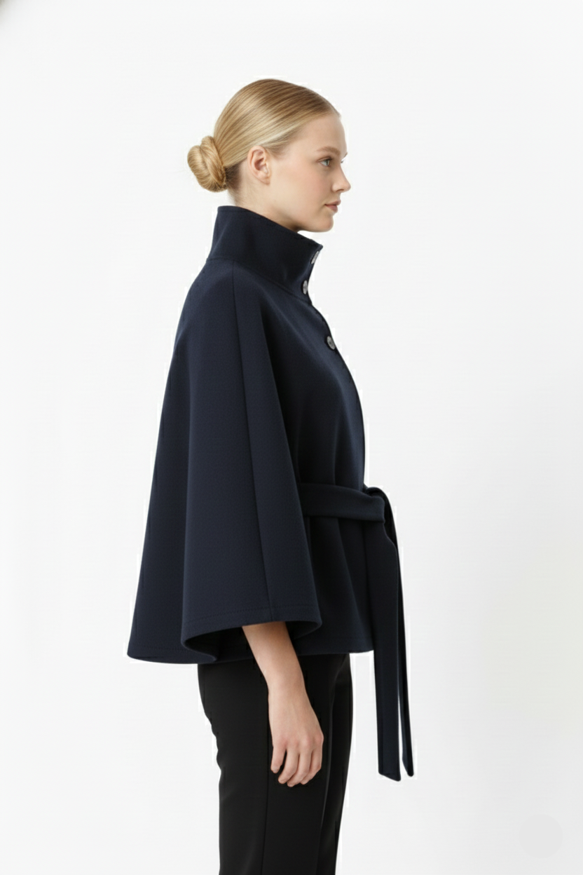 Women's Belted Wool Cape Coat with High Collar