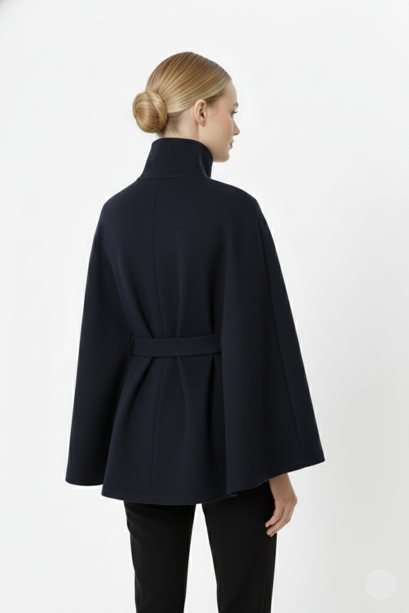 Women's Belted Wool Cape Coat with High Collar