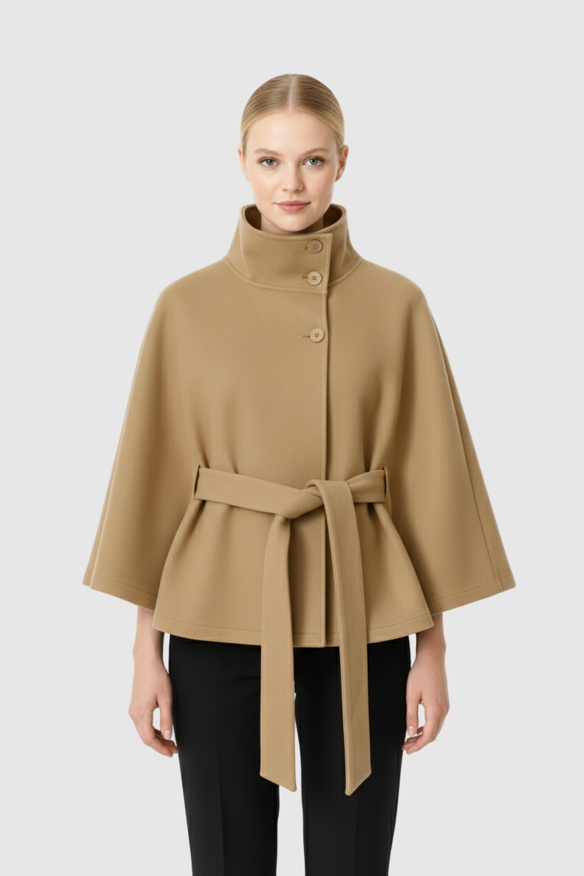 Women's Belted Wool Cape Coat with High Collar