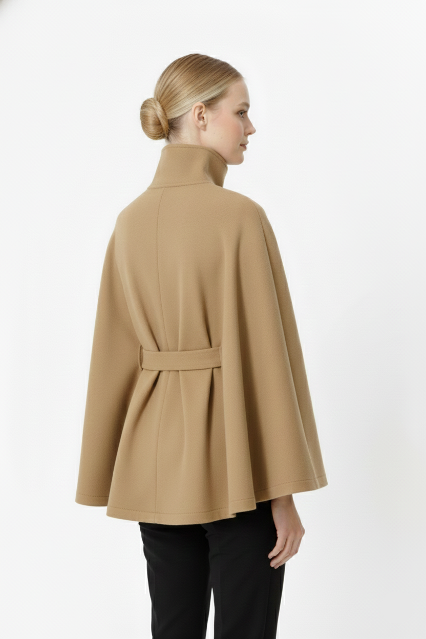 Women's Belted Wool Cape Coat with High Collar
