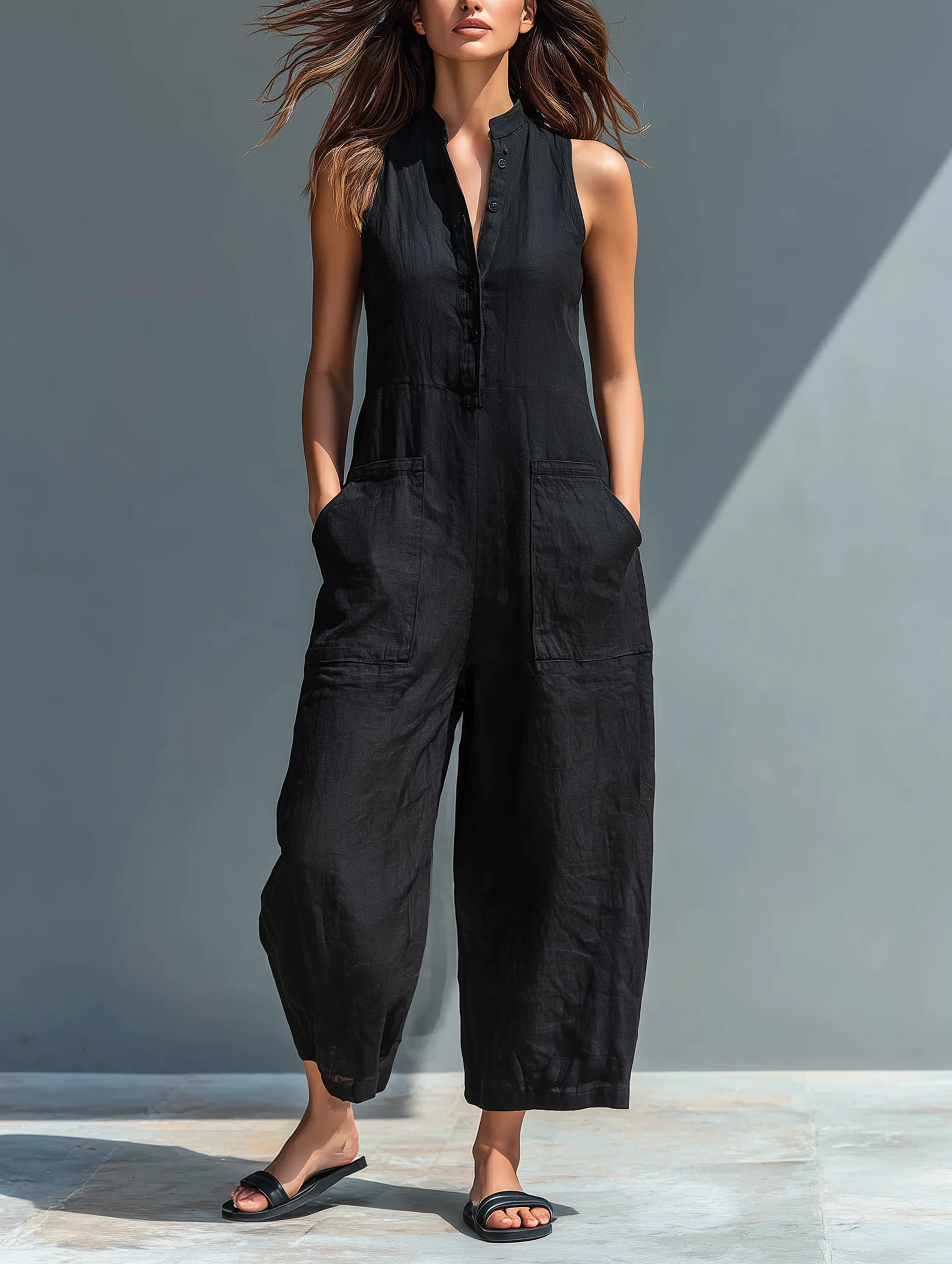 Women's Sleeveless Shirt Collar Jumpsuit with Buttons - photo 1