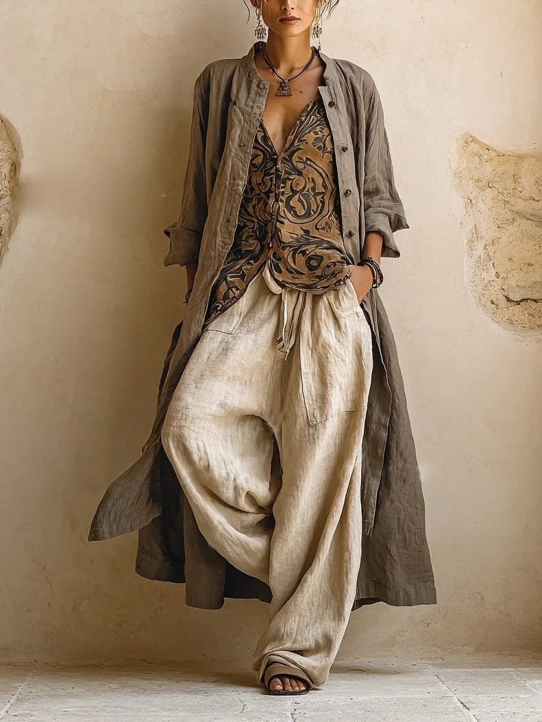 Women's Three Piece Boho Set with Printed Top, Cardigan and Trousers - photo 1