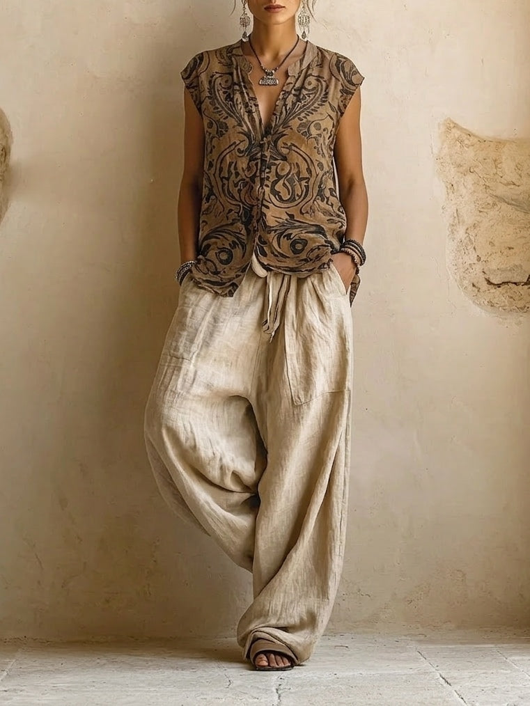 Women's Three Piece Boho Set with Printed Top, Cardigan and Trousers - photo 2