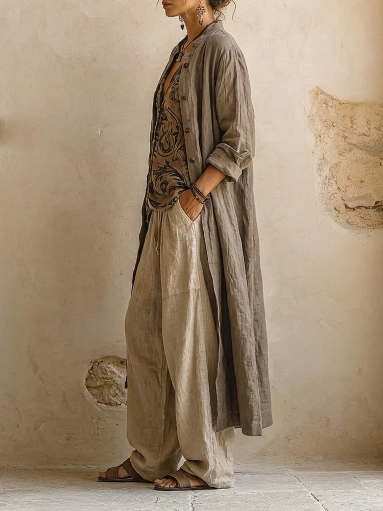 Women's Three Piece Boho Set with Printed Top, Cardigan and Trousers - photo 4