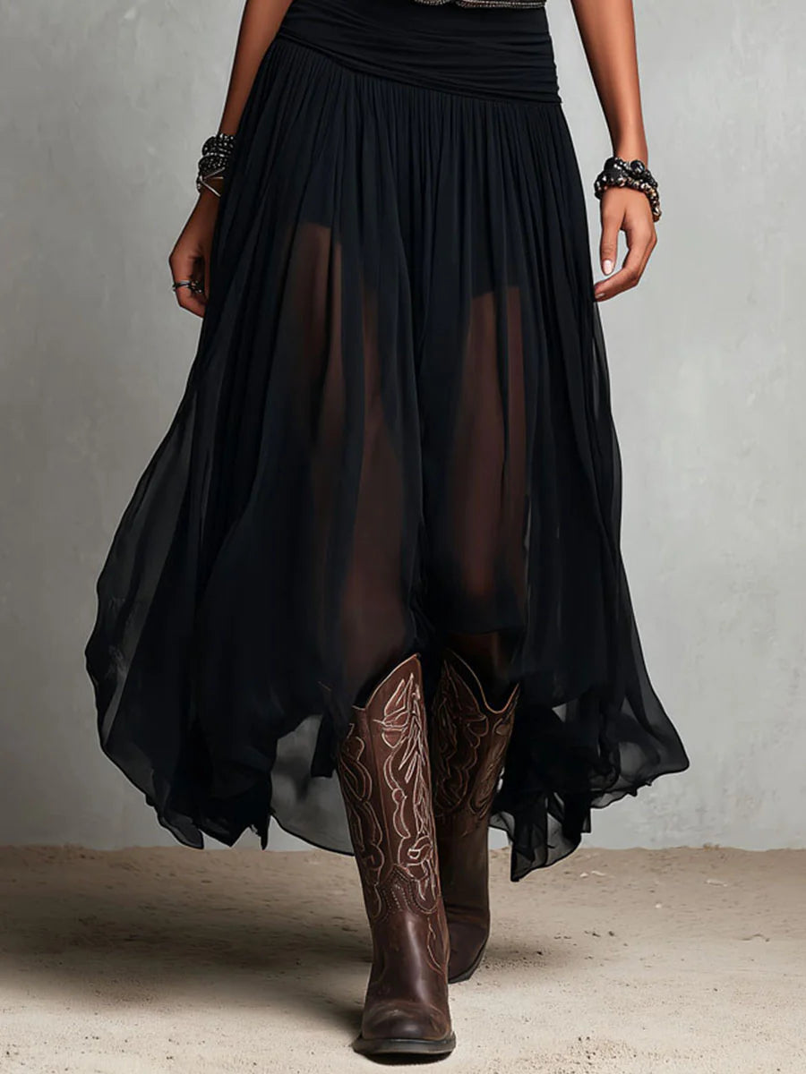 Robe Longue Femme en Mousseline Plissée à Coupe Fluide