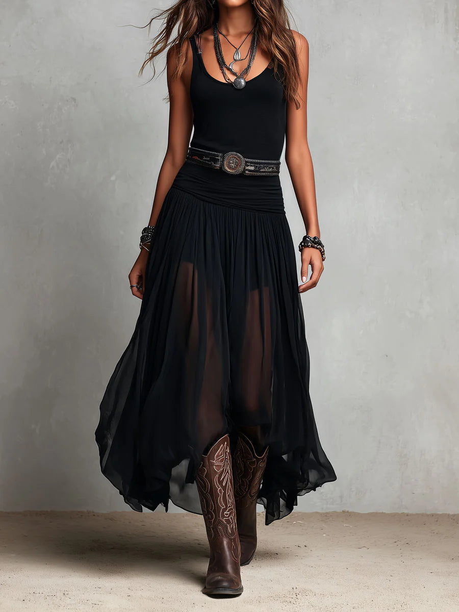 Robe Longue Femme en Mousseline Plissée à Coupe Fluide