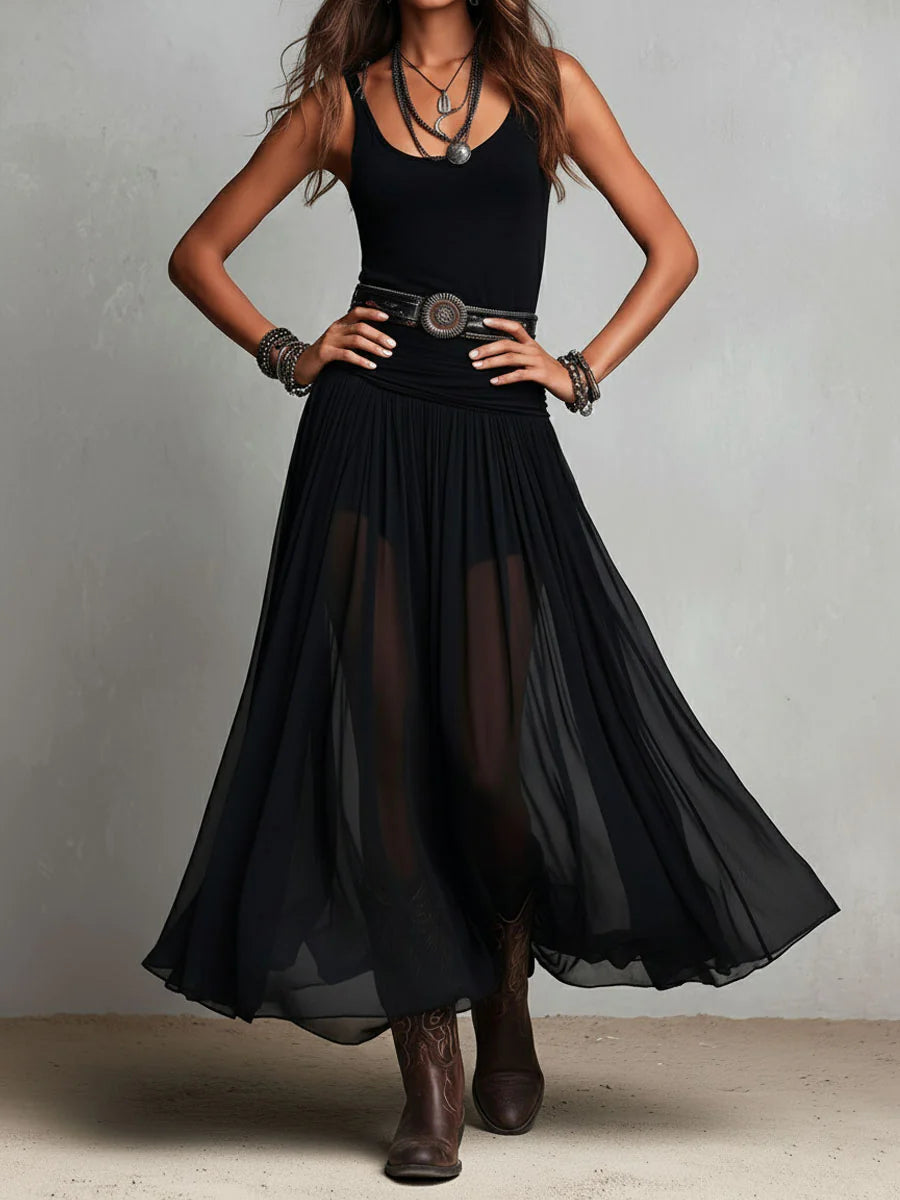 Robe Longue Femme en Mousseline Plissée à Coupe Fluide