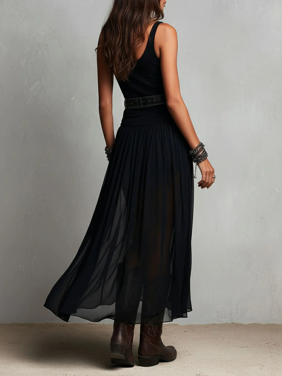 Robe Longue Femme en Mousseline Plissée à Coupe Fluide