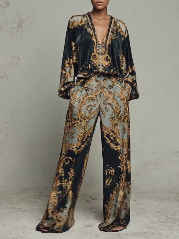 Completo donna in velluto floreale barocco con pantaloni a gamba larga