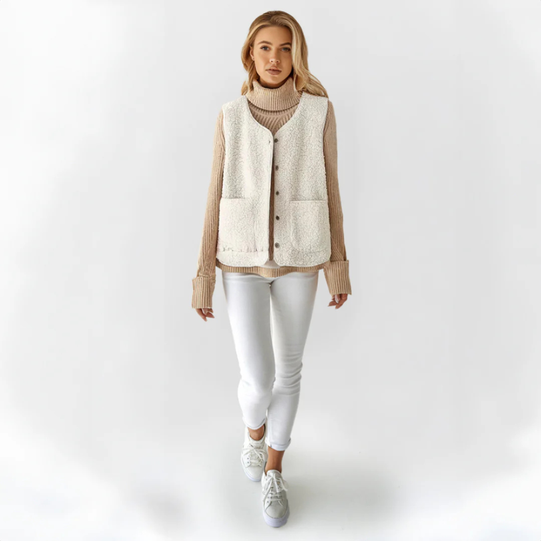 Women's Teddy Gilet with Button Placket and Side Pockets