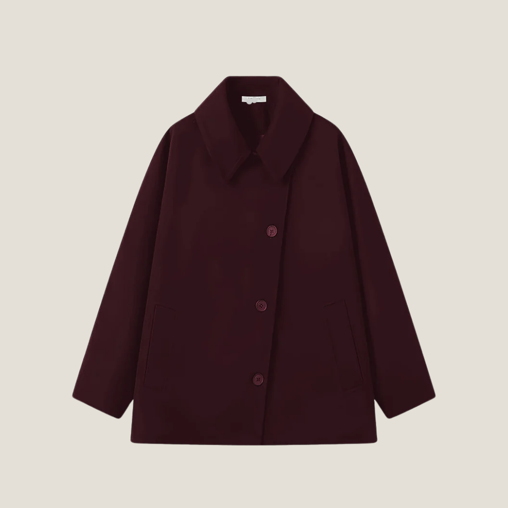Adela - Women's Relaxed Coat with Button Front in Wine Red