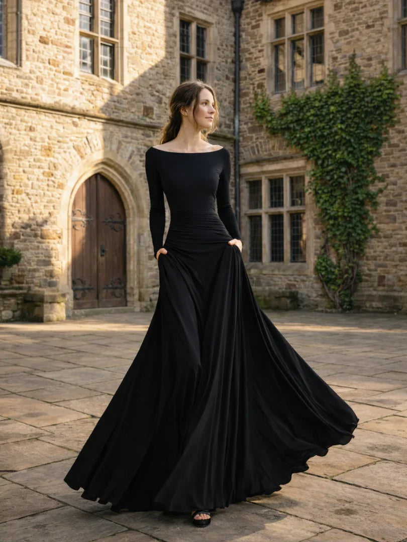 Alethea - Women's Fitted Maxi Dress with Wide Leg and Long Sleeves - photo 4