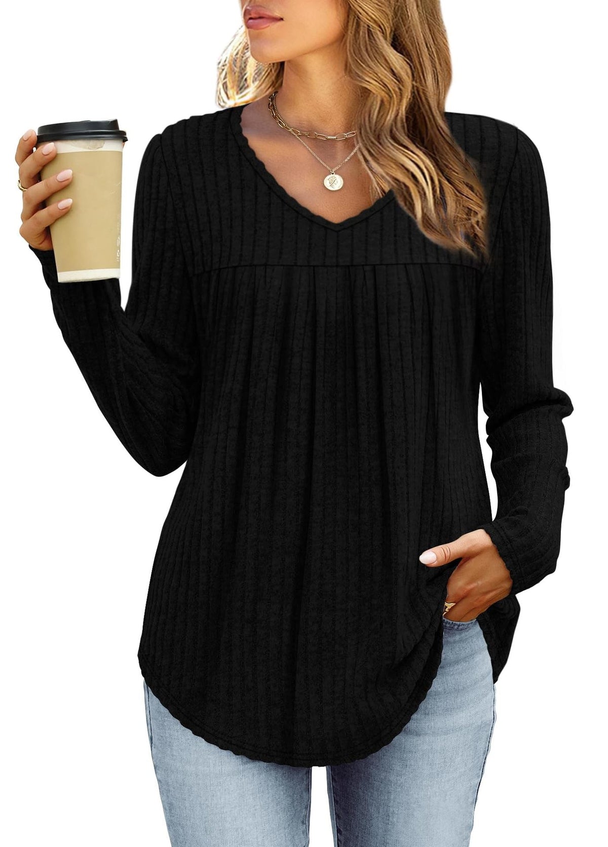 Amie - Women's Ribbed Top with Pleated Front and V-Neck - photo 2