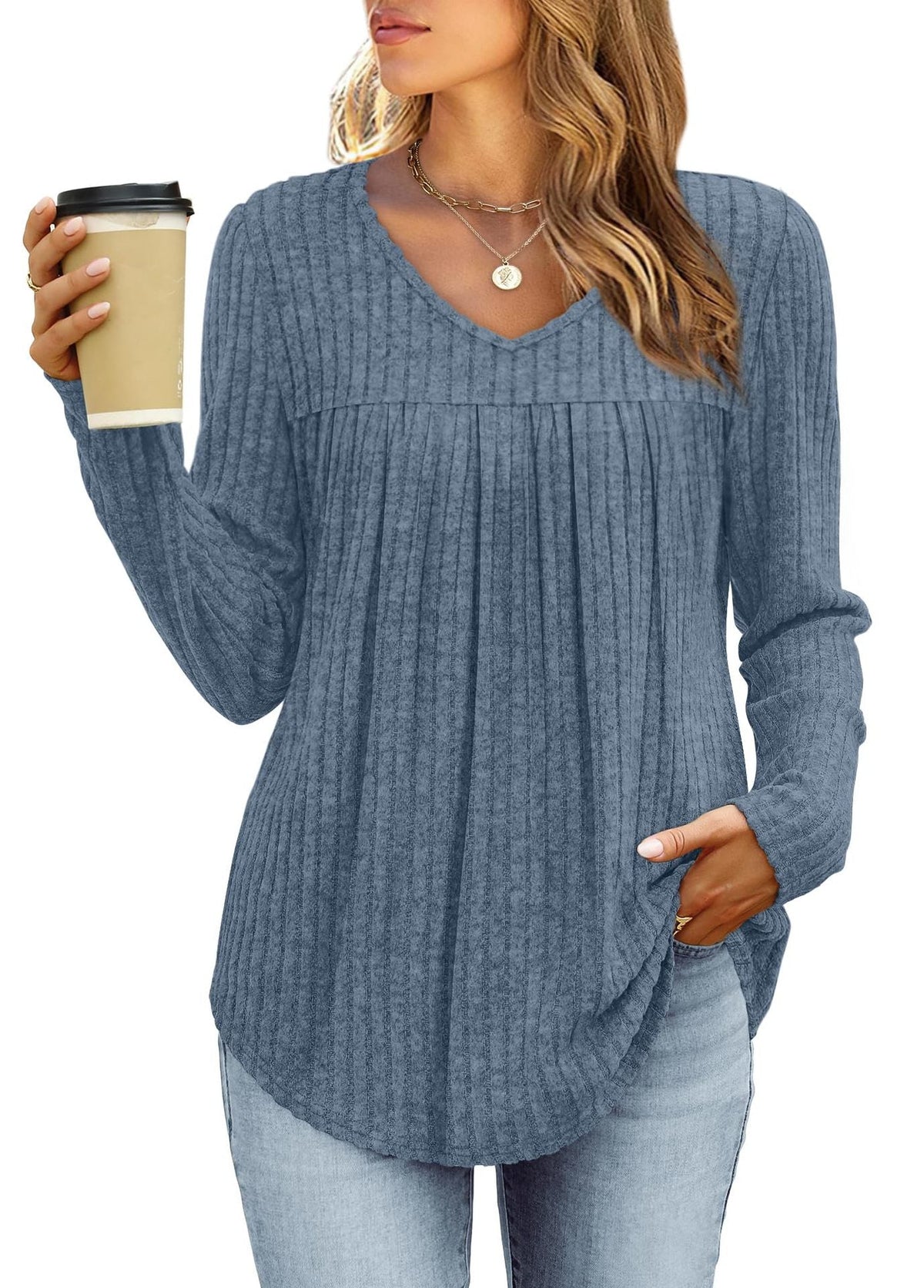 Amie - Women's Ribbed Top with Pleated Front and V-Neck - photo 3