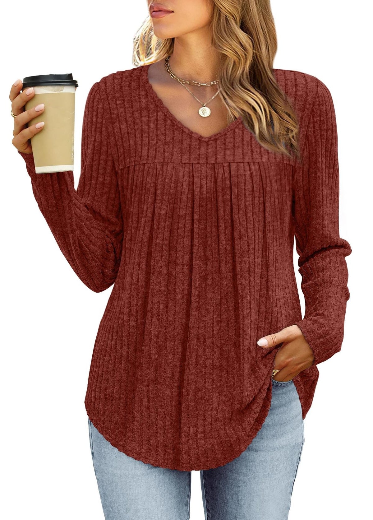 Amie - Women's Ribbed Top with Pleated Front and V-Neck - photo 4