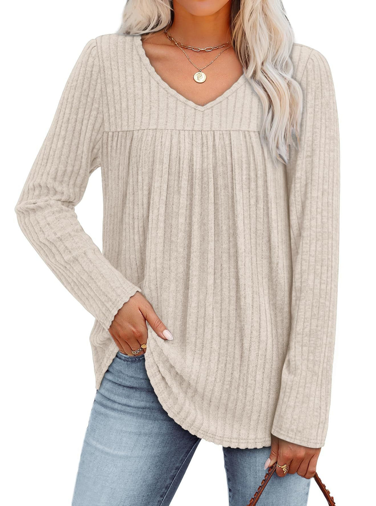 Amie - Women's Ribbed Top with Pleated Front and V-Neck - photo 7