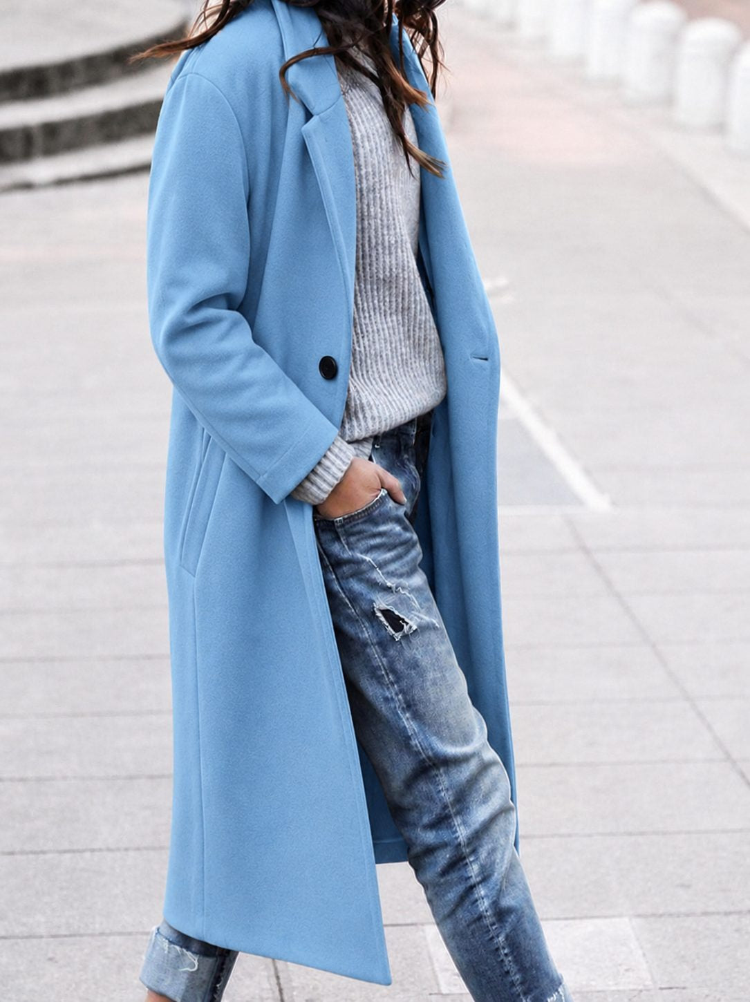 Angelika - Women's Oversized Longline Coat with Notch Lapels - Light Blue