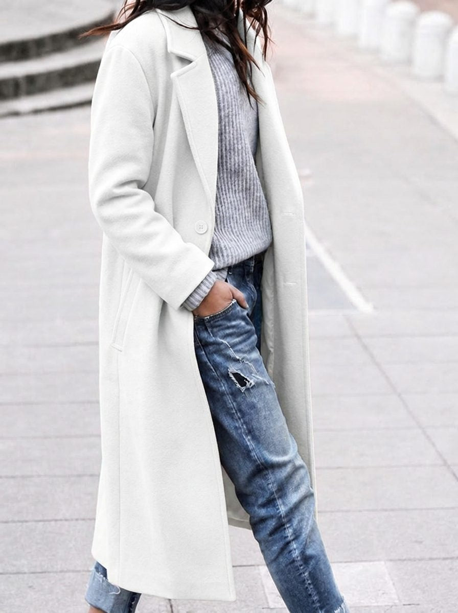 Angelika - Women's Oversized Longline Coat with Notch Lapels - White