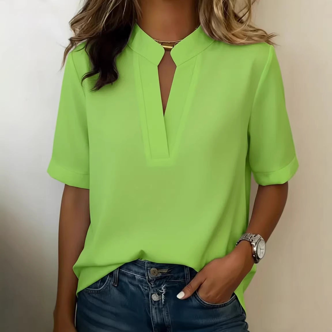 Annabella - Women's Stand Collar Blouse with Notch Neckline - photo 1