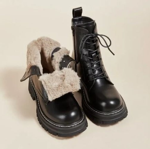 Antonia - Women's Combat Boots with Lace-Up Front and Faux Fur Cuff - photo 1