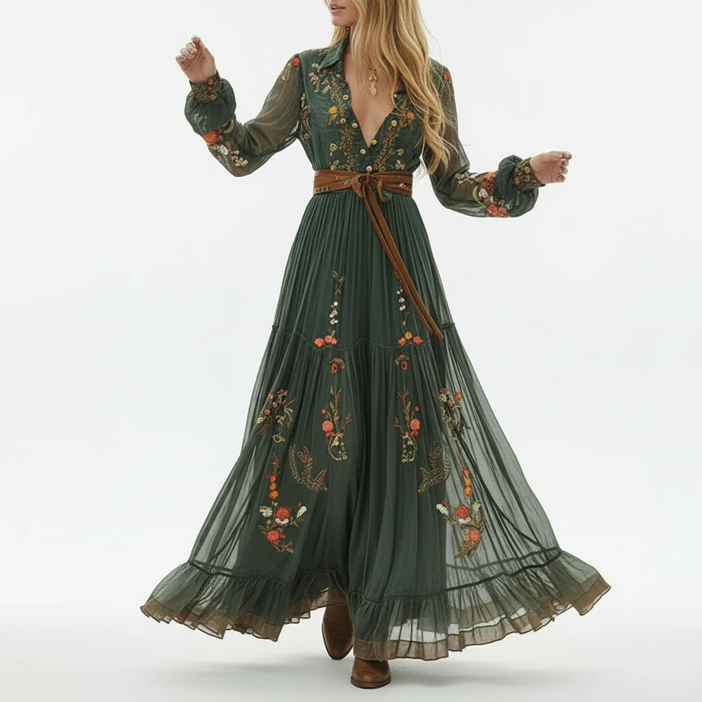 Rochie maxi boho de damă cu broderie și mâneci lungi