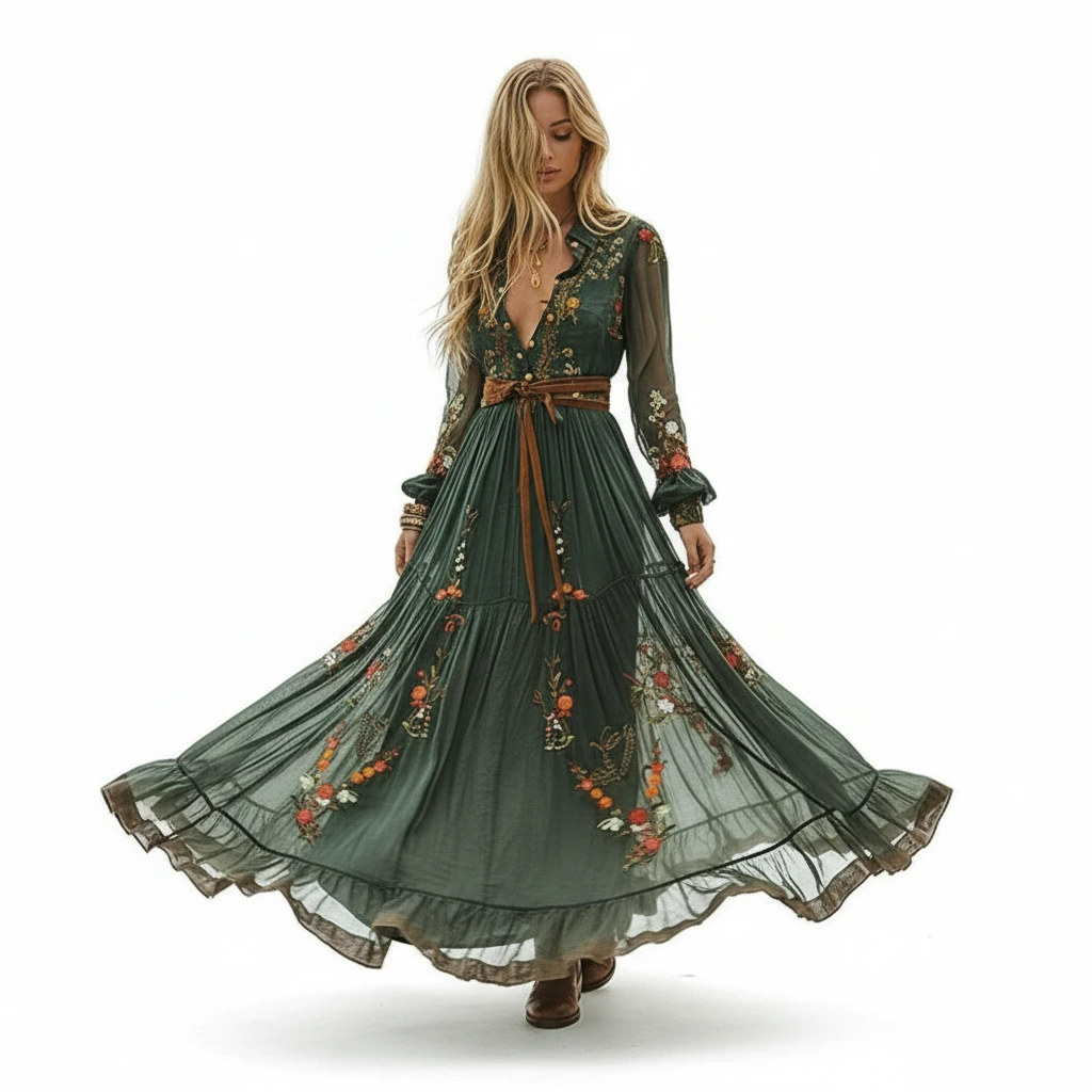 Rochie maxi boho de damă cu broderie și mâneci lungi