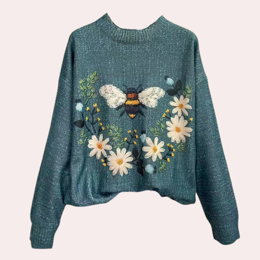 Azelie - Women's Jumper with Floral Embroidered and Crew Neck - photo 3
