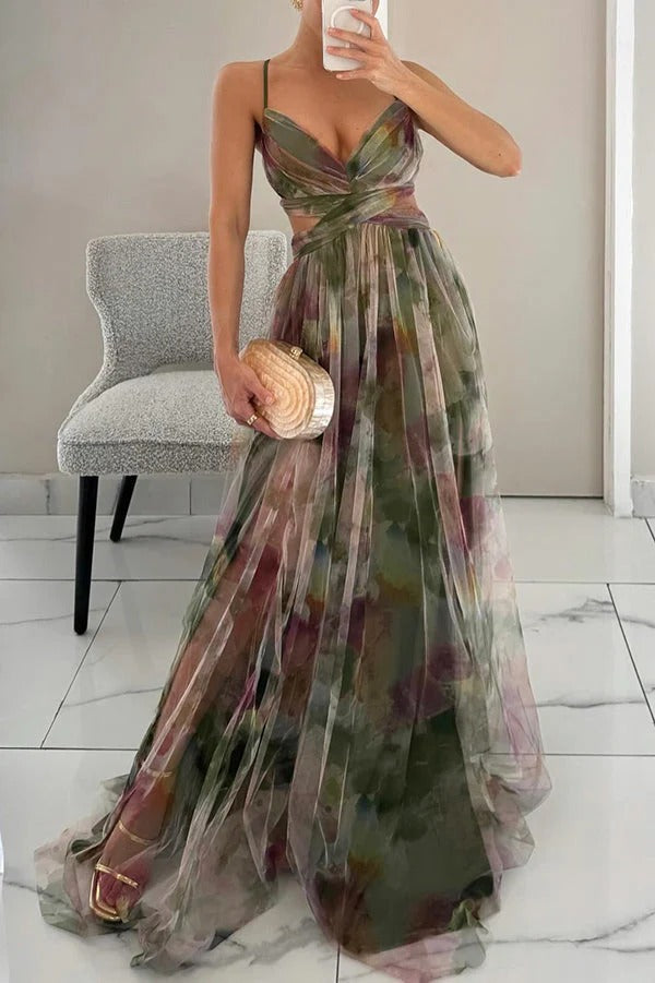 Rochie maxi elegantă de damă pentru invitată la nuntă cu decolteu în V