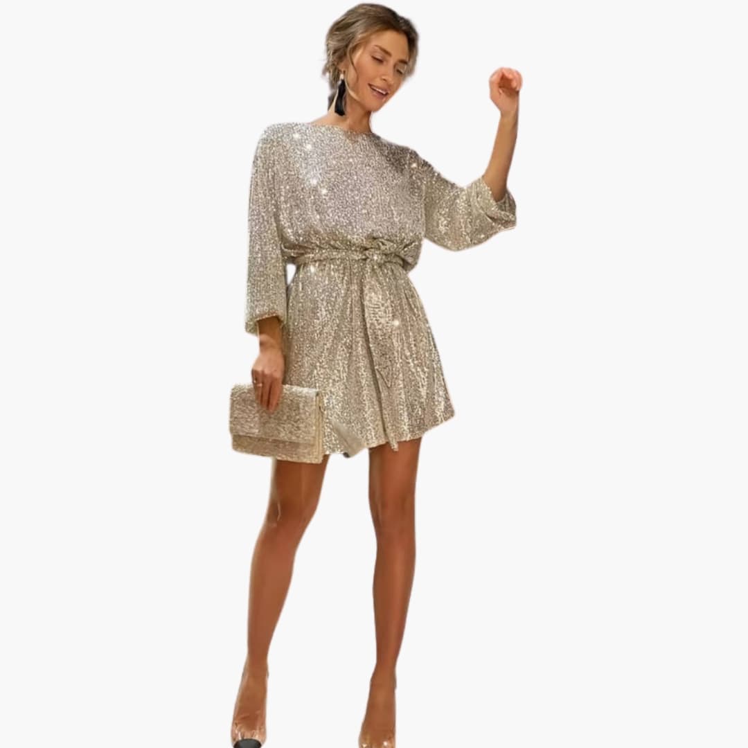 Birdella - Women's Mini Dress with Tie Belt and Rhinestone Detail - photo 1