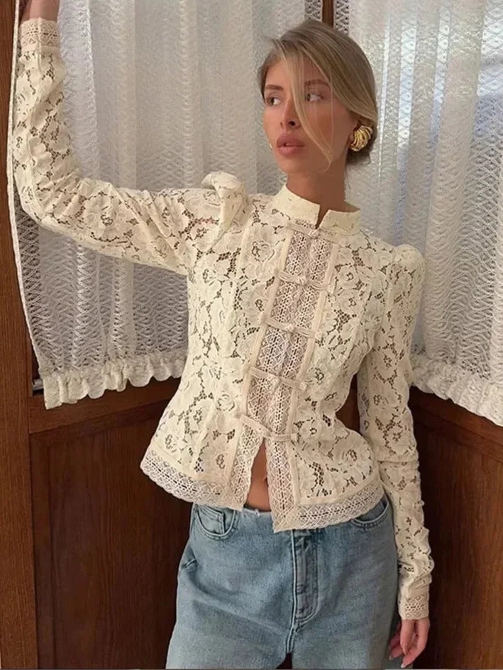 Serena - Women's lace blouse with high neck and long sleeves - photo 4