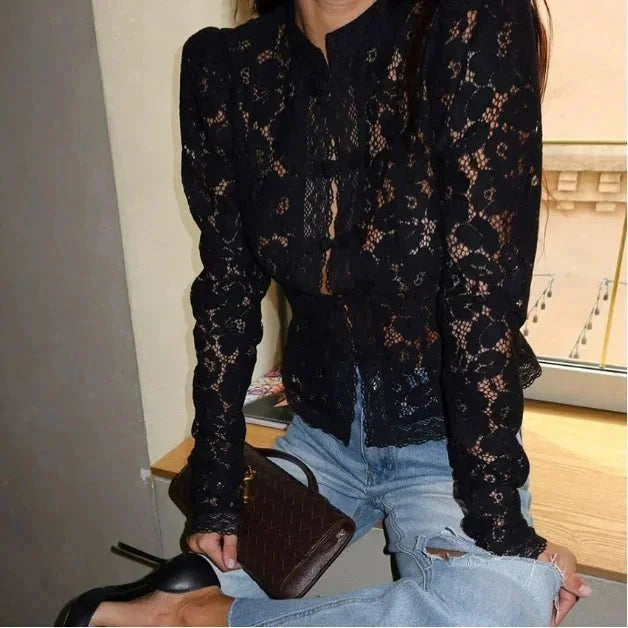 Serena - Women's lace blouse with high neck and long sleeves - photo 1