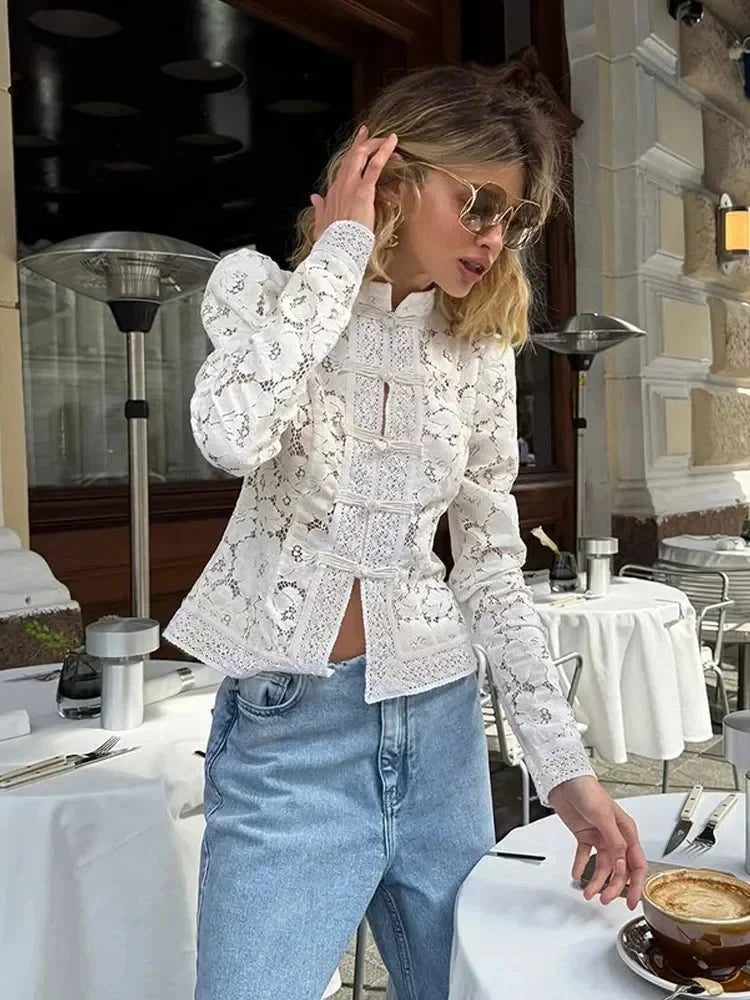 Serena - Women's lace blouse with high neck and long sleeves - photo 7