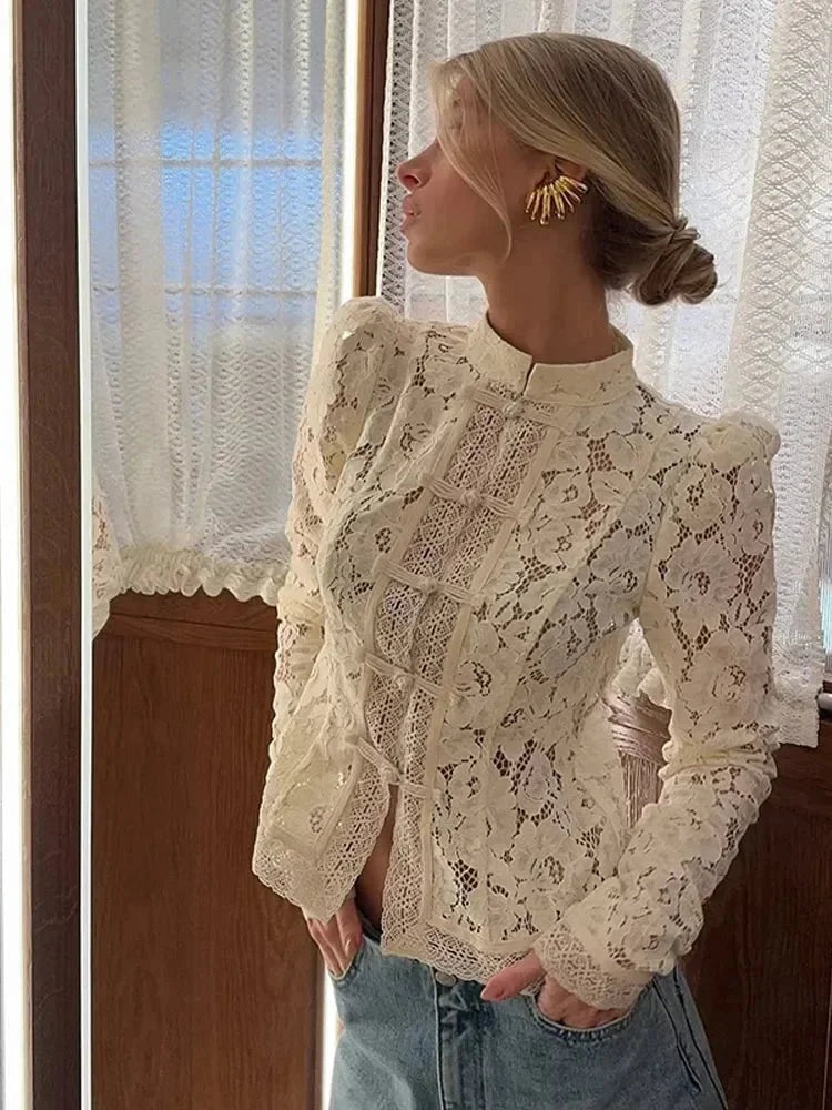 Serena - Women's lace blouse with high neck and long sleeves - photo 3