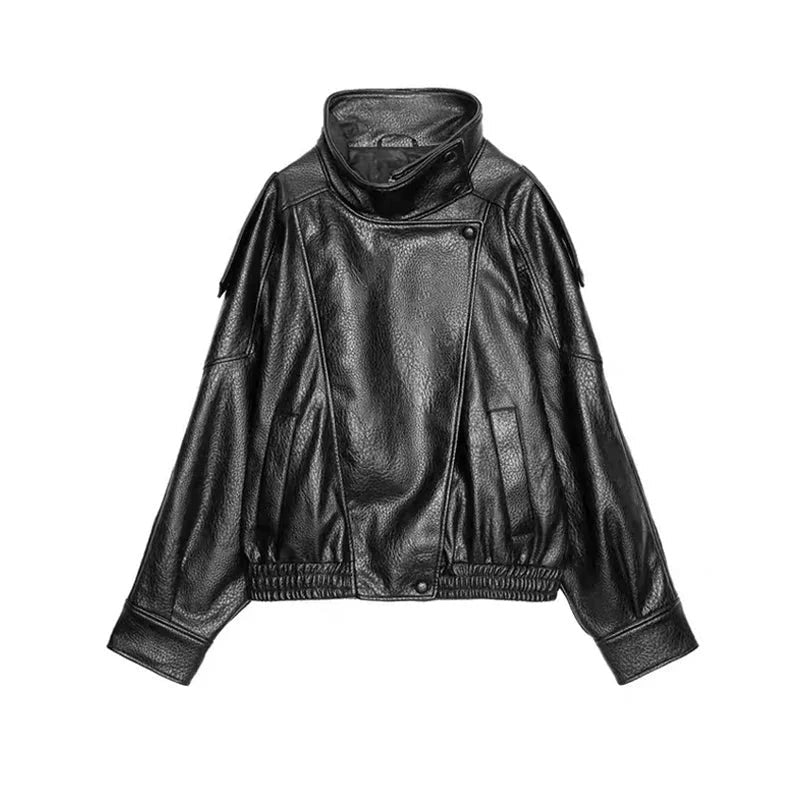Daniela - Women's black faux leather jacket with stand-up collar | loose fit with zip - photo 2