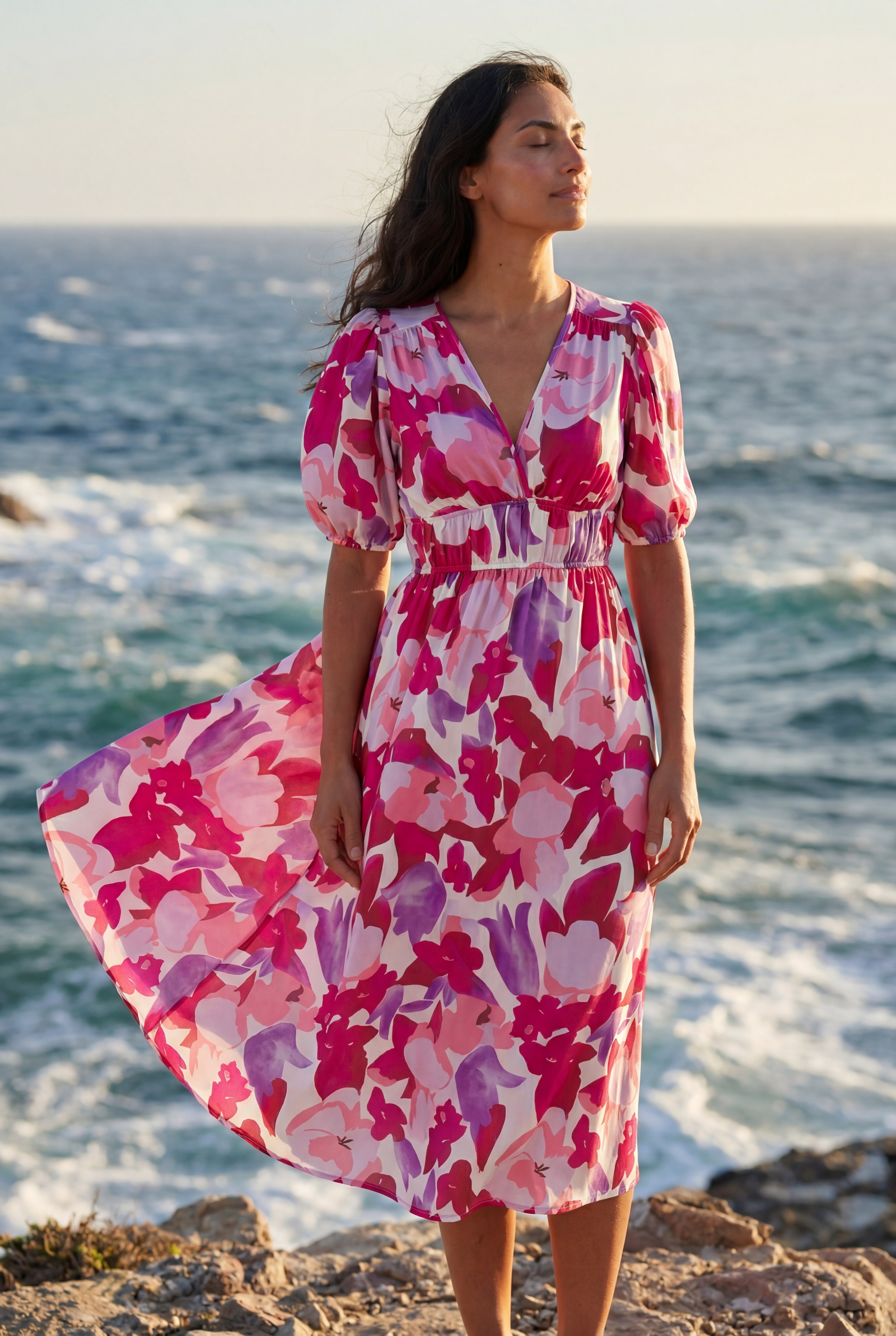 Elcevi | Puff Sleeve V-neck Midi Dress with Elastic Waist For Women