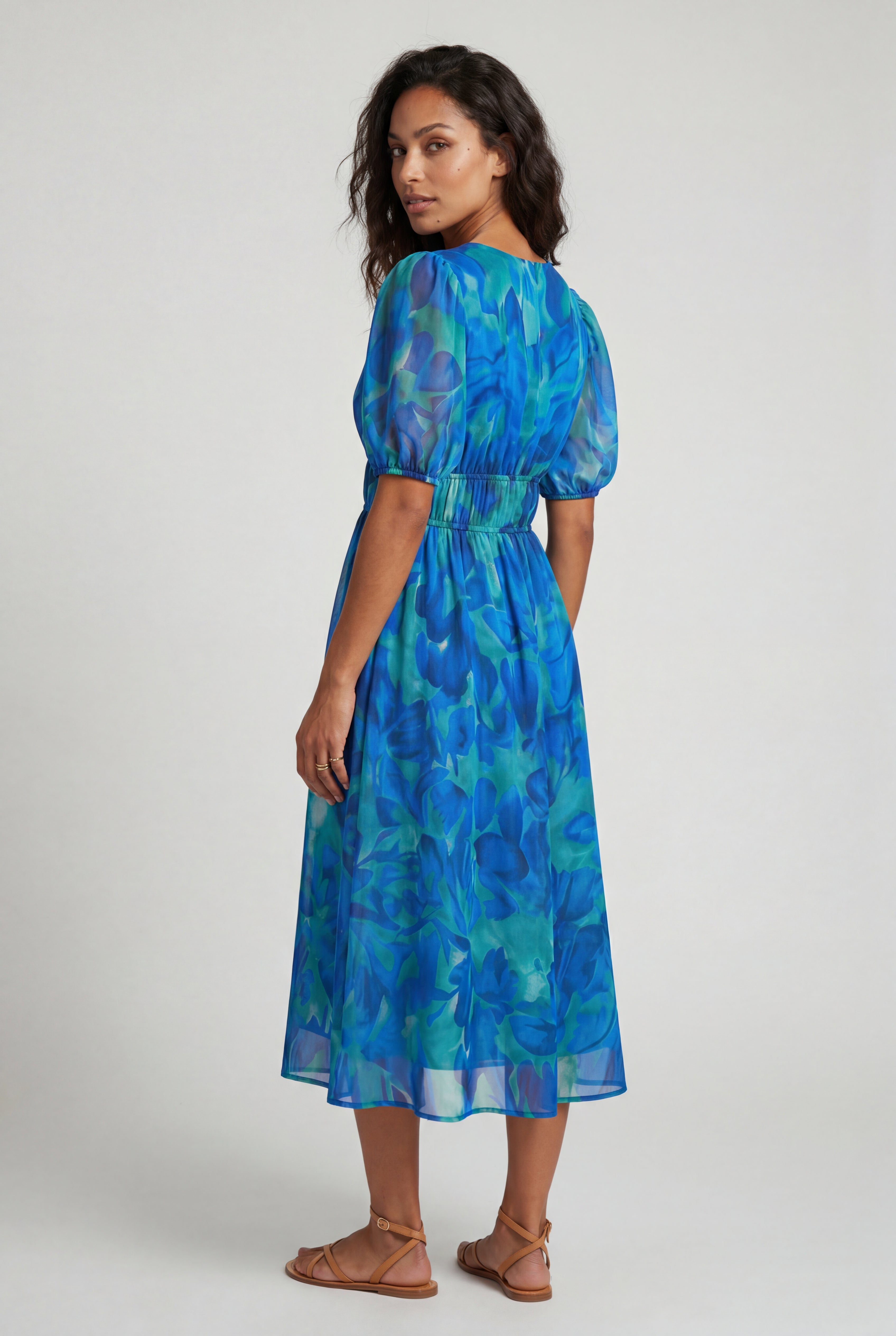 Elcevi | Puff Sleeve V-neck Midi Dress with Elastic Waist For Women